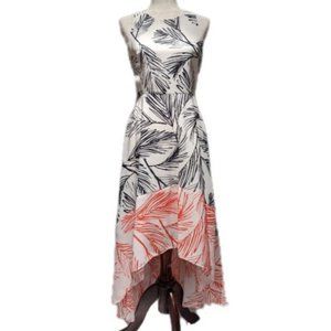 Vince Camuto Women's Hi/Low Waterfall skirt Sleeveless Dress, Leaf patten SZ 10